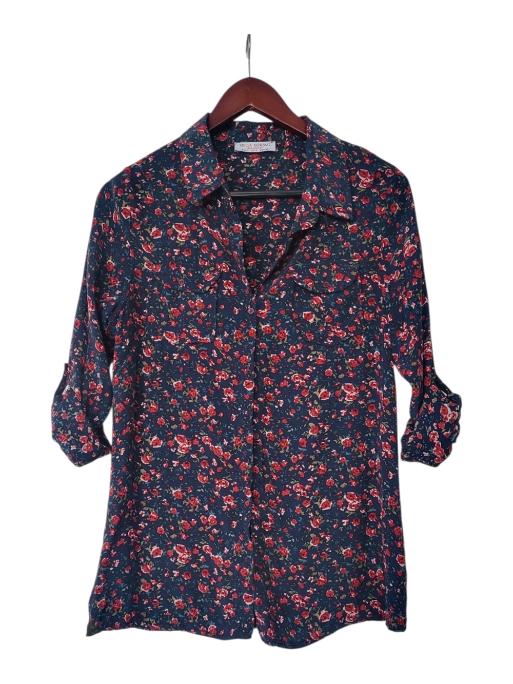 New Adress Floral Navy Button-Up Blouse with Red Rose Print